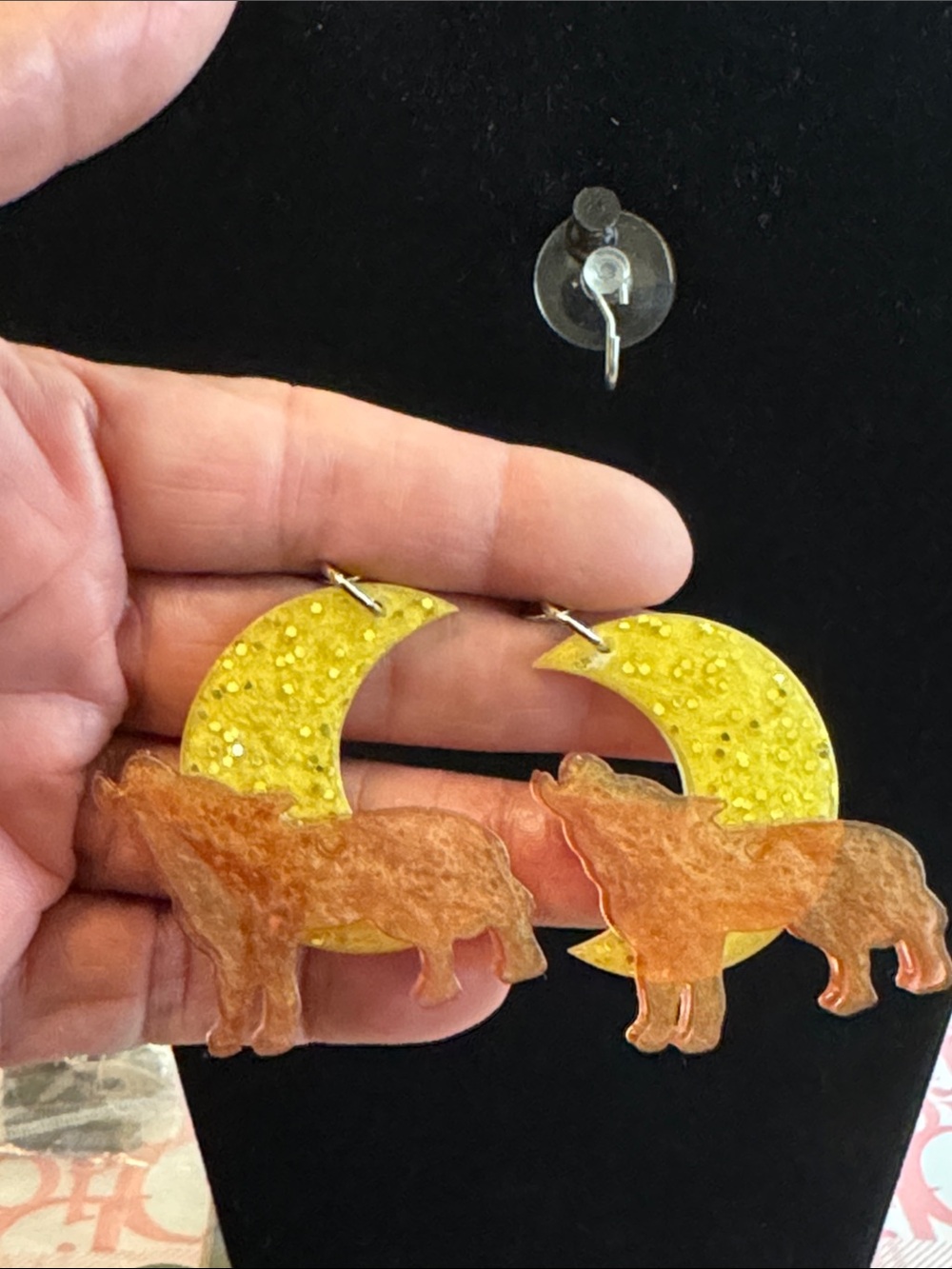 Handcrafted Yellow Moon & Brown Wolf Dangle Earrings